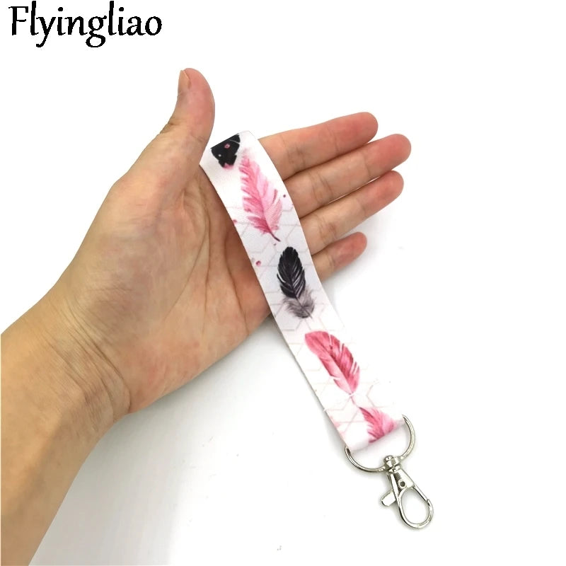 Black Pink Leaves Feathers Cute Card Cover Clip Lanyard Retractable Student Nurse Badge Reel Clip Cartoon ID Card Badge Holder