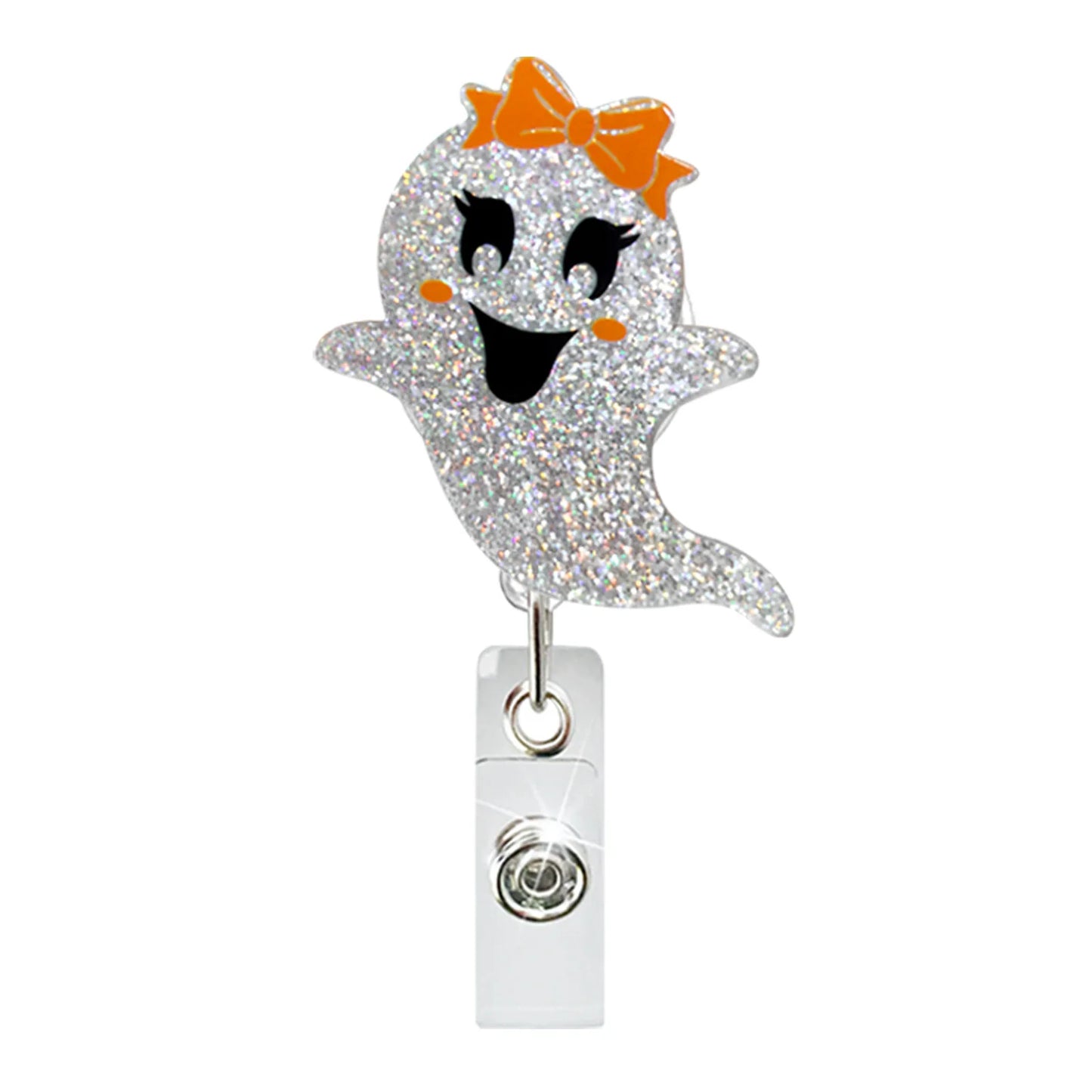 Acrylic Glitter Halloween Ghost Pumpkin Cat Retractable Badge Reel Rotating ID Badge Holder Crocodile Clip for Doctor and Nurse