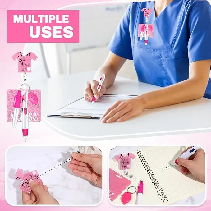 5-in-1 Cute Nurse Pen with Acrylic ID Badge Clip Ballpoint Pen Falshlight Sets Carabiner Retractable scroll easy to pull out