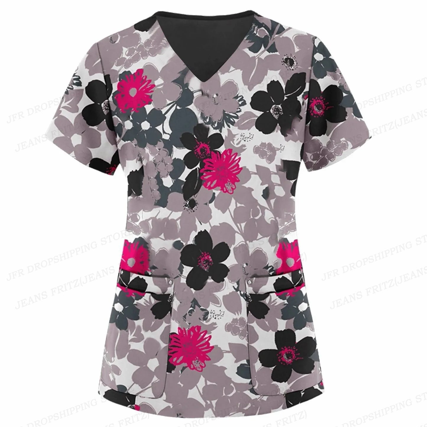 Flower Nurse Uniform Women's V-Neck Pocket Medical Uniforms Butterfly Floral Nursing Scrubs Tops Workwear Uniforme enfermera