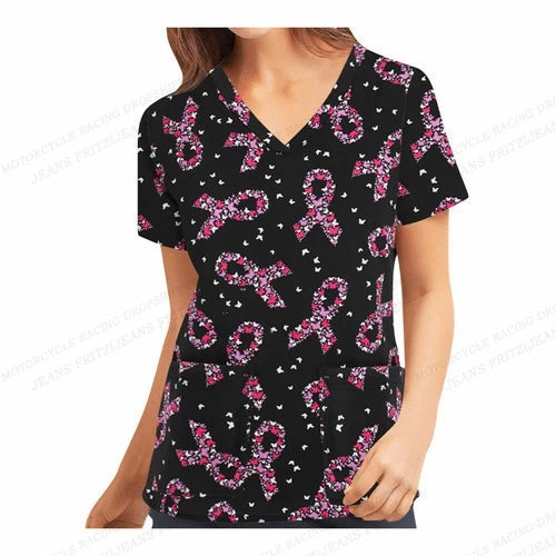 Flower 3d Print Nurse Uniform Floral V-Neck Pocket Nursing Scrubs Tops Women Workwear Clothes Overalls Medical Uniforms Ladies