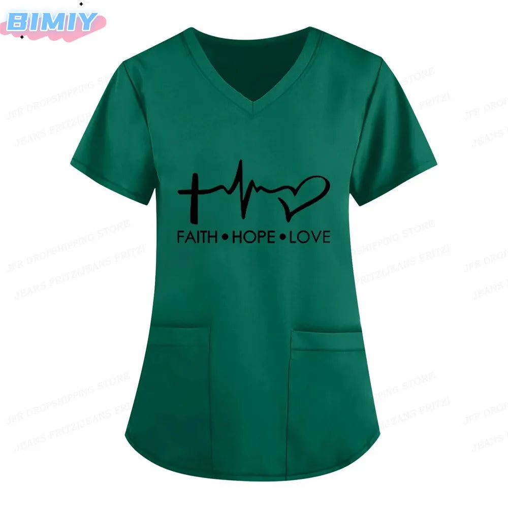 Letter Love Heart Nurse Uniform Print Tops V-Neck Pocket Medical Uniforms Nursing Scrubs Tops Working Clothes uniforme enfermera