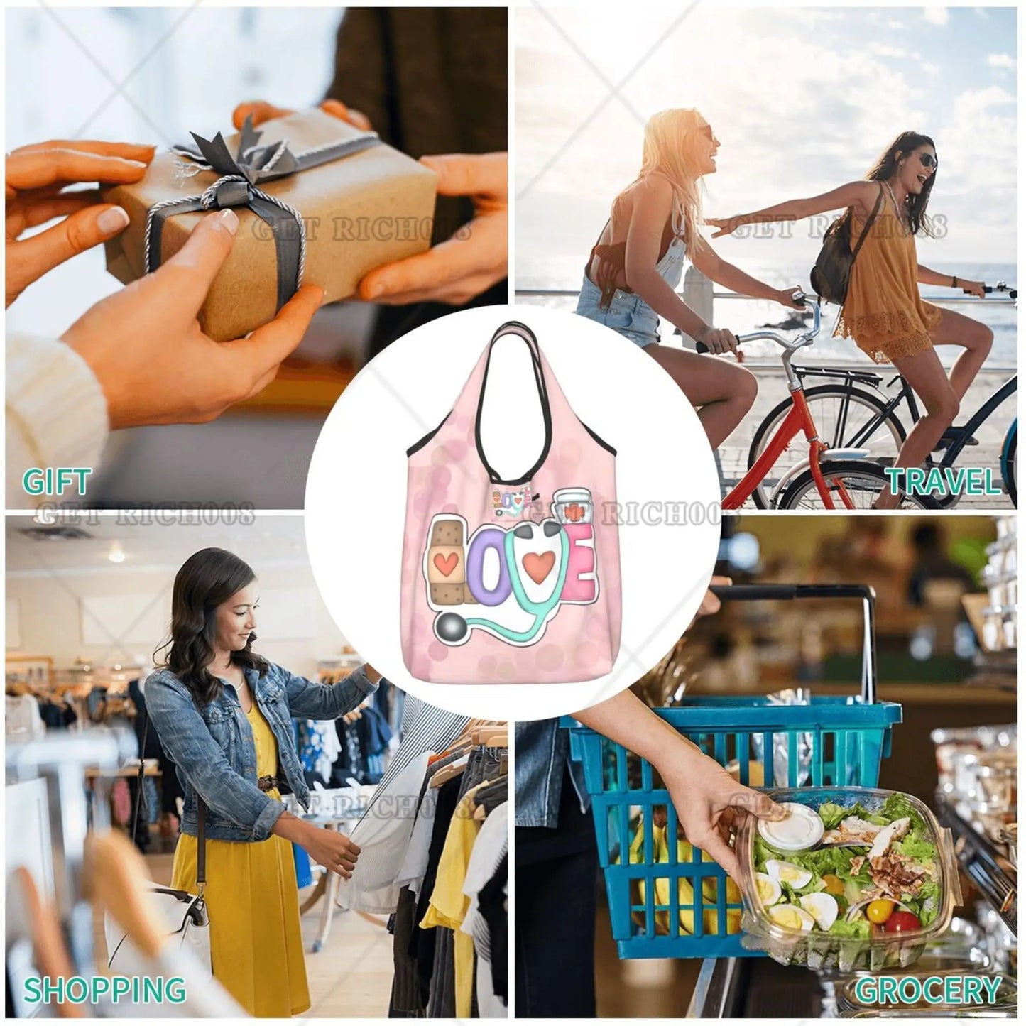 Nurse Love Pink Pattern Shopper Bag Portable Supermarket Bag Cute Tote Bag No Zipper  Fashion Reusable Shopping Bag Print