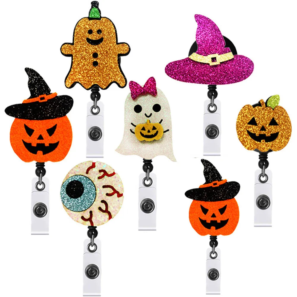 Halloween Badge Holder Cute Pumpkin Ghost Shape Doctor Nurse ID Holder Student Card Holder Retractable Rotating Badge Reel Clip