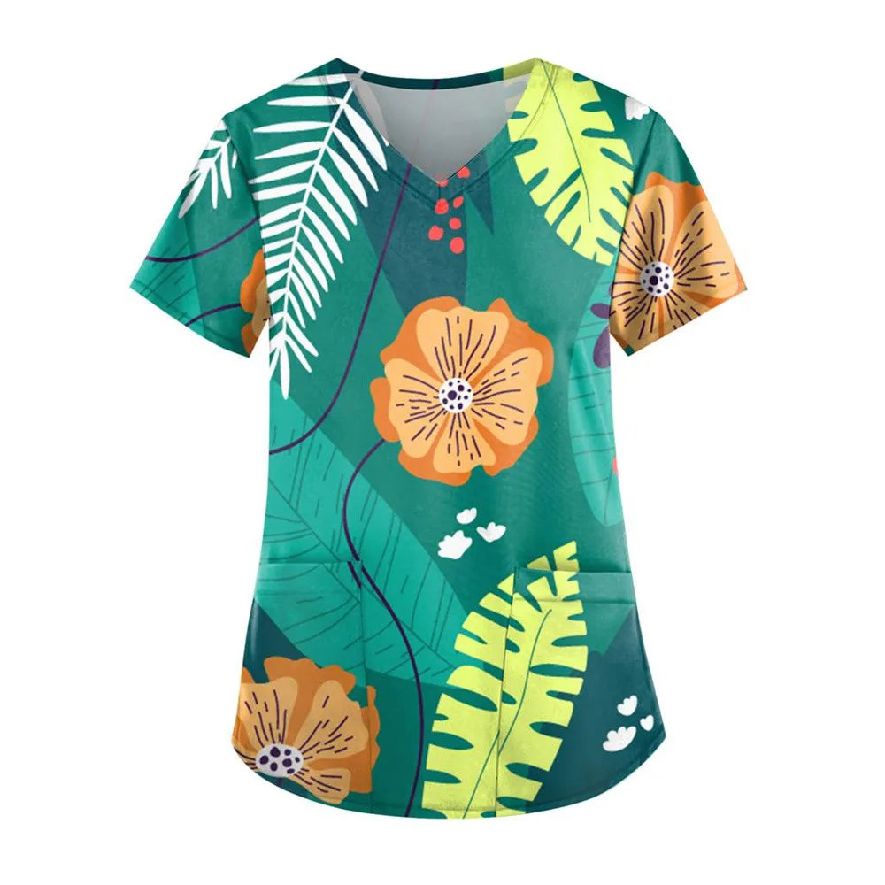 Flirty Floral V Neck T-shirt - Short Sleeve Medical Top with Stylish Pocket - Perfect for Spring & Summer - Womens Casual Comfor