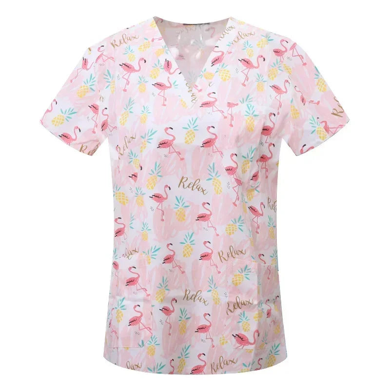 Nurse Uniforms Women Print Short Sleeve V-neck Scrubs Working Medical Blouse Overalls Uniforms Medical Nursing Spa Pet Dentistry