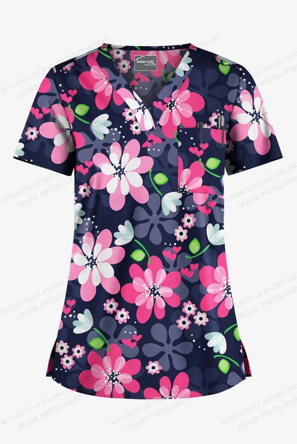 Flower 3d Print Nurse Uniform Floral V-Neck Pocket Nursing Scrubs Tops Women Workwear Clothes Overalls Medical Uniforms Ladies