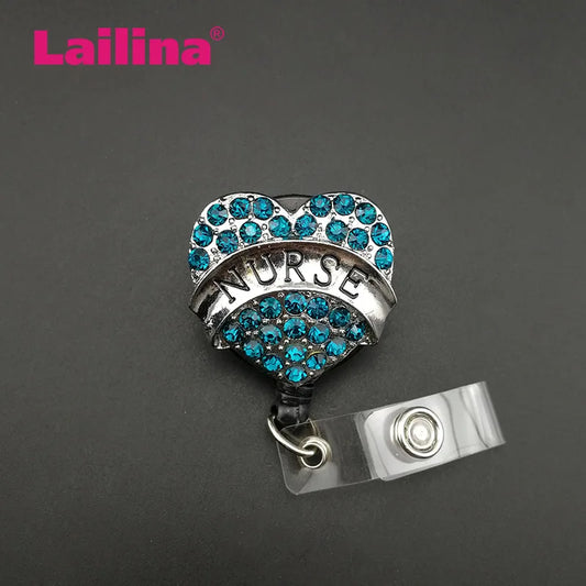 Custom Mixed heart shape Bling Rhinestone Retractable Badge Reel for nurse / ID Badge Holder