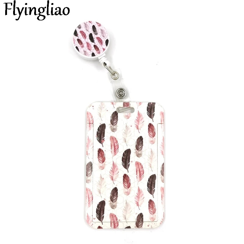 Black Pink Leaves Feathers Cute Card Cover Clip Lanyard Retractable Student Nurse Badge Reel Clip Cartoon ID Card Badge Holder