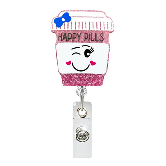 Glitter Acrylic Cute Pills Bottle Badge Reel Retractable ID Badge Holder With 360 Rotating Alligator Clip Nurse Name Holder