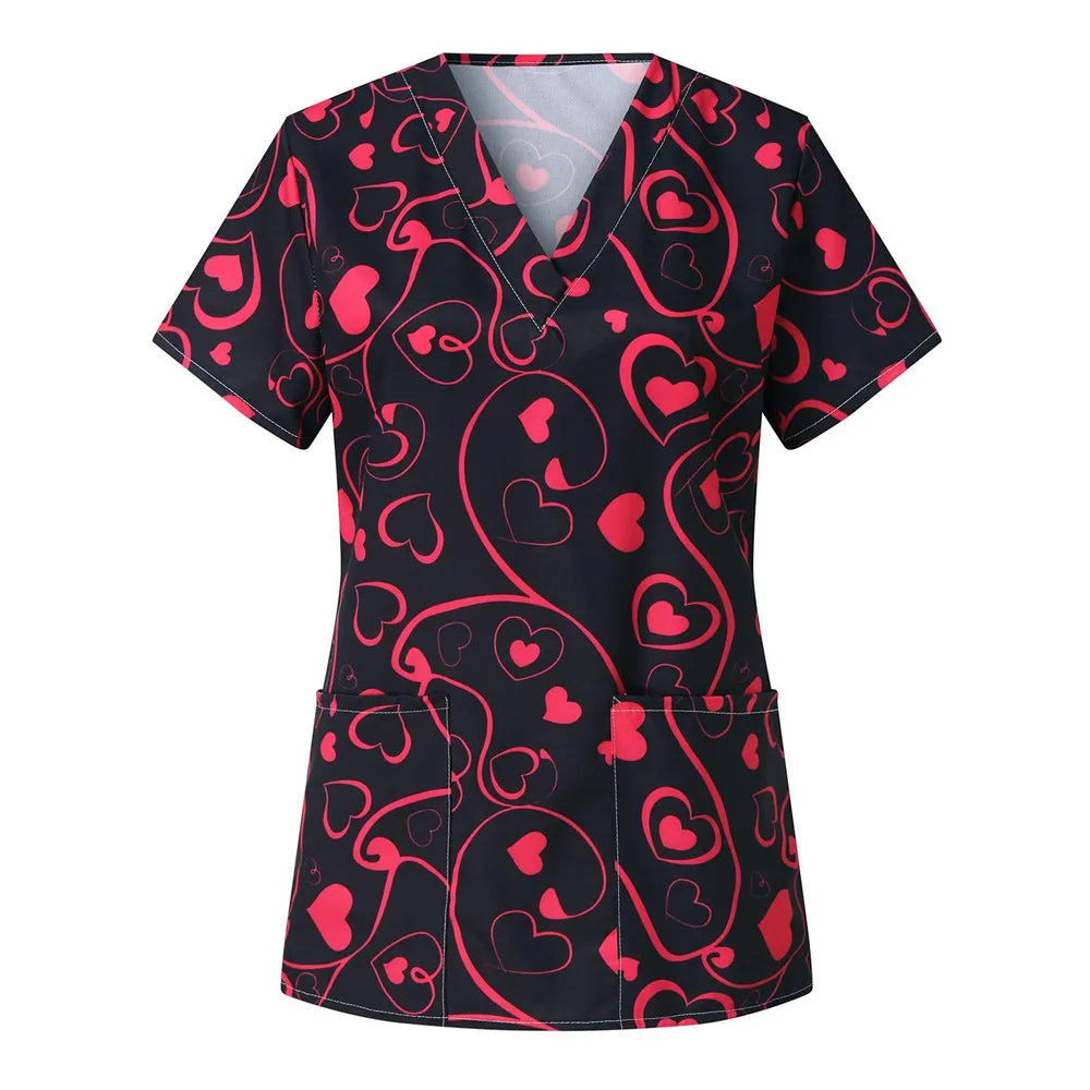 Nurse Uniform Love Heart Print Pocket V-Neck Nursing Scrubs Tops Workwear T-shirt Women Fashion Overalls Medical Uniforms