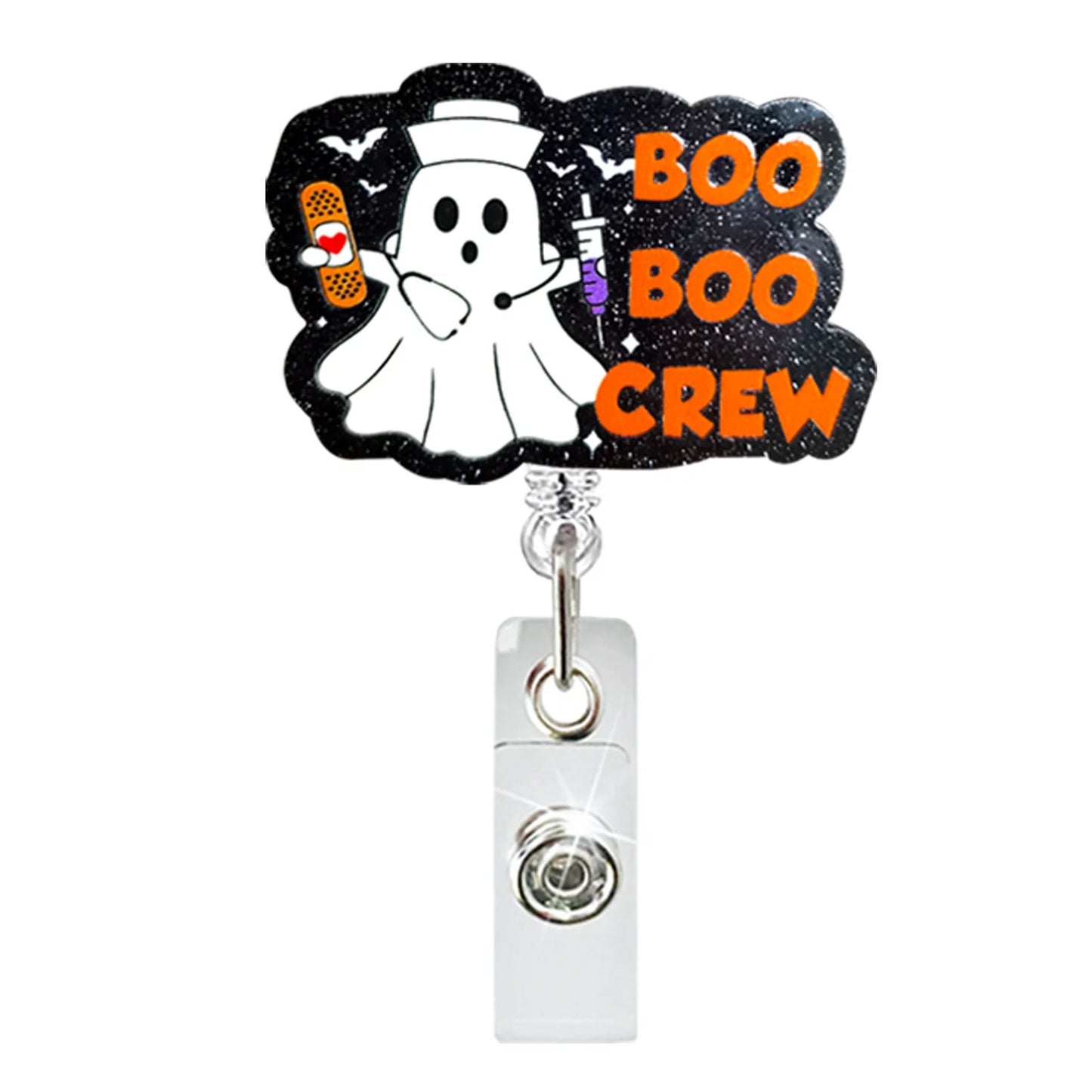 Acrylic Glitter Halloween Ghost Pumpkin Cat Retractable Badge Reel Rotating ID Badge Holder Crocodile Clip for Doctor and Nurse