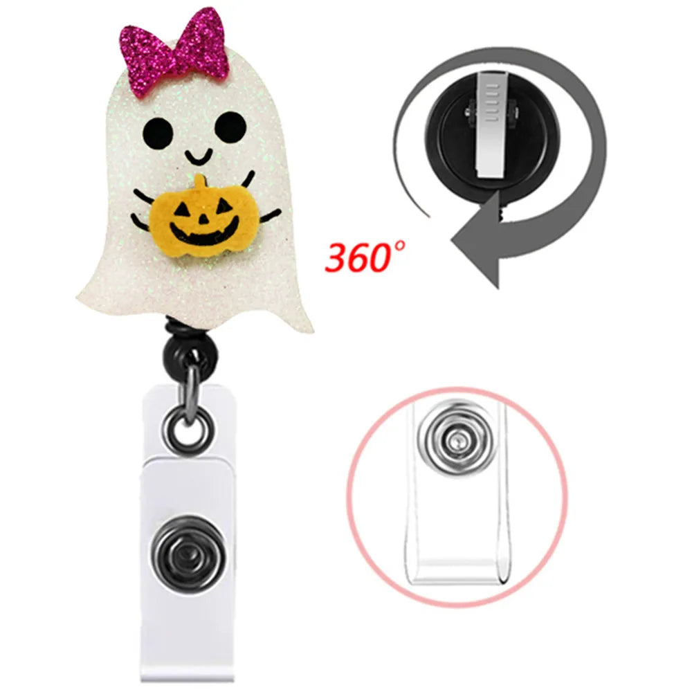 Halloween Badge Holder Cute Pumpkin Ghost Shape Doctor Nurse ID Holder Student Card Holder Retractable Rotating Badge Reel Clip