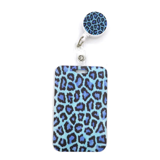 Blue Leopard Print Cute Card Cover Clip Lanyard Retractable Student Nurse Badge Reel Clip Cartoon ID Card Badge Holder