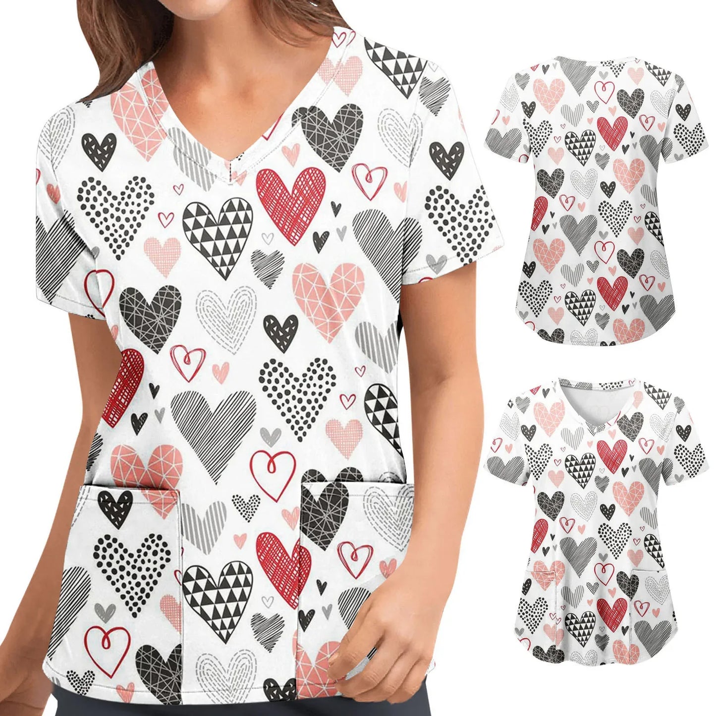 Womens Scrubs Nursing Top Cute Heart Printed Short Sleeve Neck Tops Care Working Uniform Blouse Shirt Nurse Pockets Uniforme