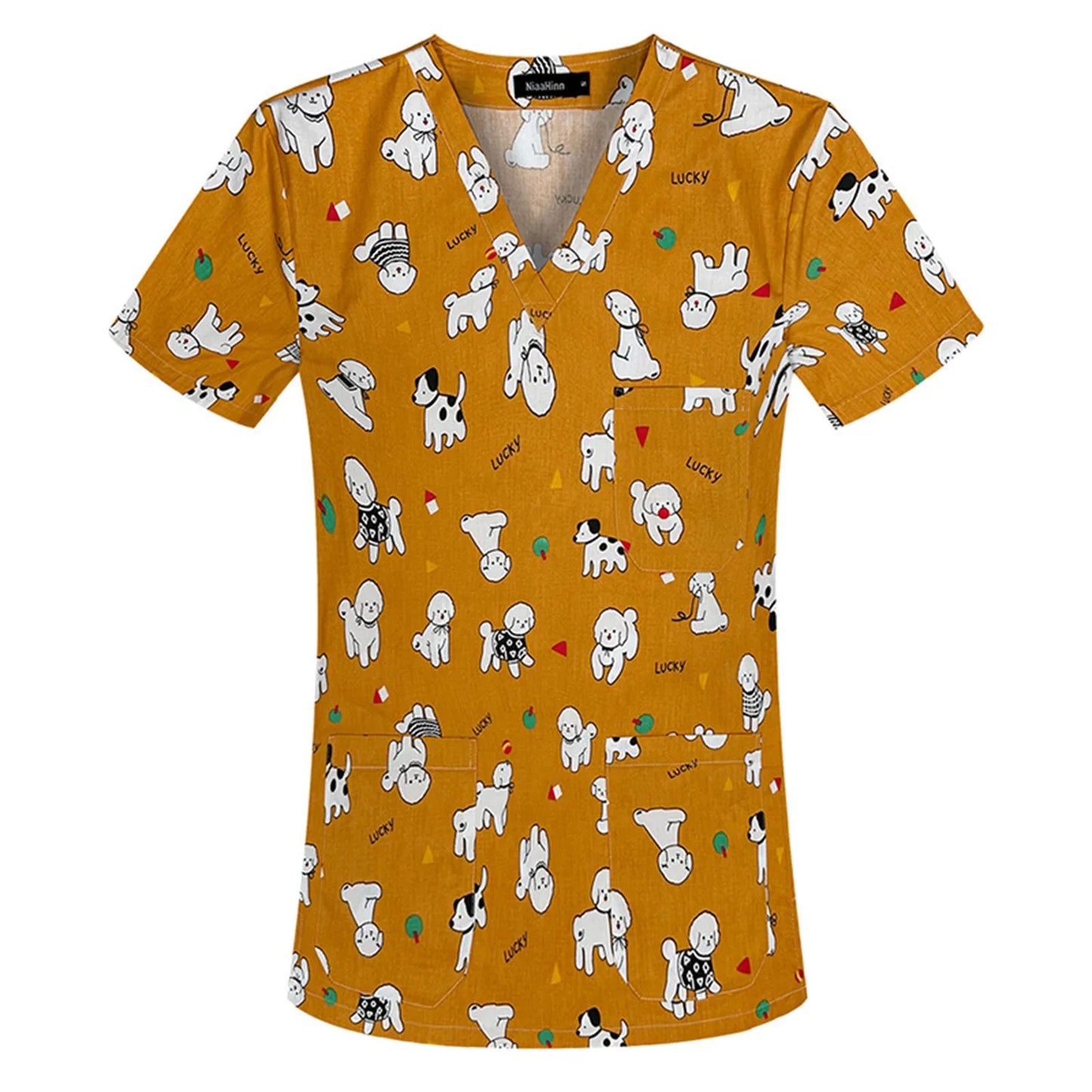 2024 New Women's Nurse Hospital Surgical Uniform Tops Cute Cartoon Animal Printing V Neck Short Sleeve Nurse Clothes Scrub Top