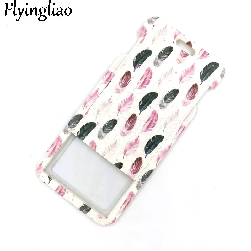 Black Pink Leaves Feathers Cute Card Cover Clip Lanyard Retractable Student Nurse Badge Reel Clip Cartoon ID Card Badge Holder