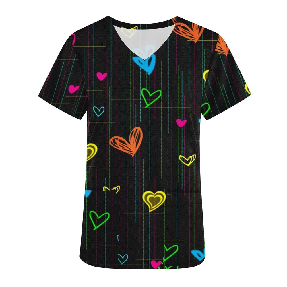 Nurse Uniform Love Heart Print Pocket V-Neck Nursing Scrubs Tops Workwear T-shirt Women Fashion Overalls Medical Uniforms