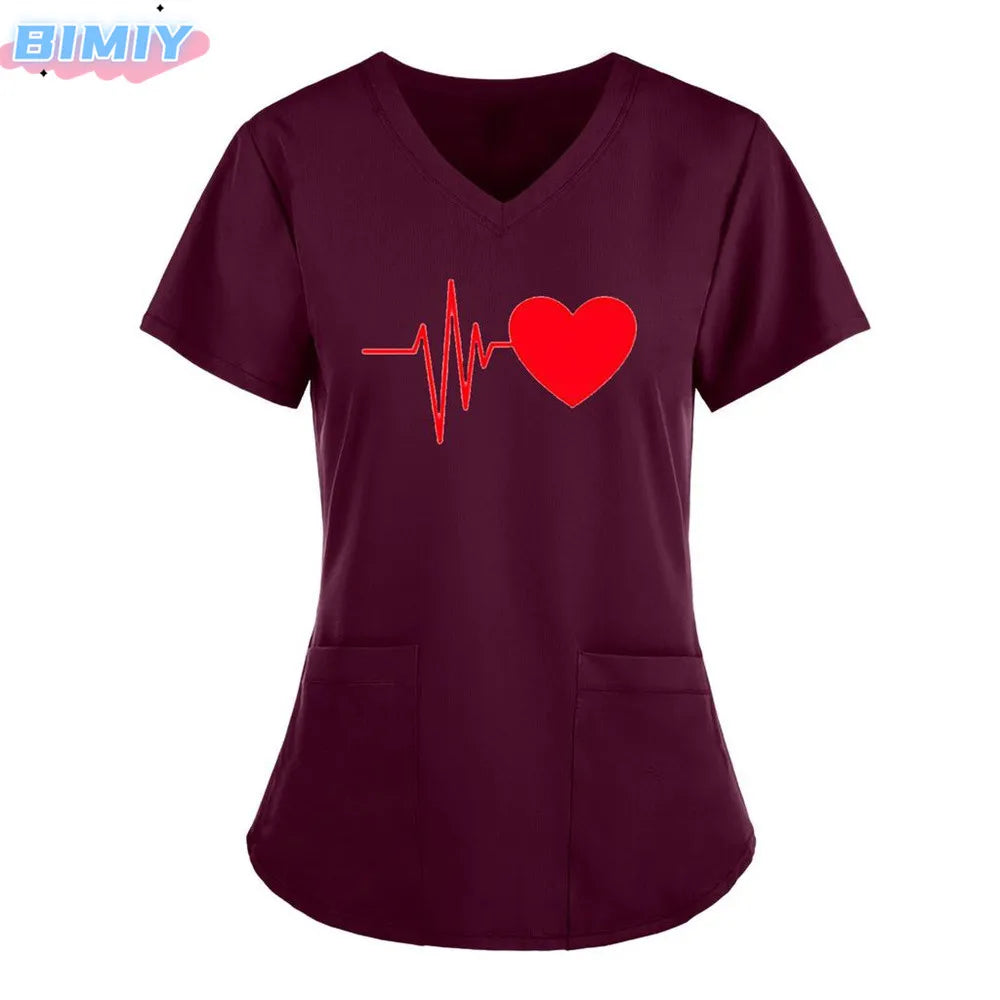 Letter Love Heart Nurse Uniform Print Tops V-Neck Pocket Medical Uniforms Nursing Scrubs Tops Working Clothes uniforme enfermera