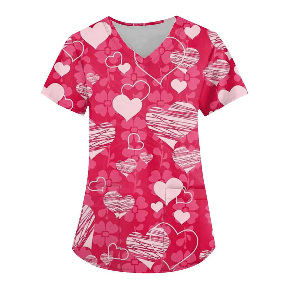 Nurse Uniform Love Heart Print Pocket V-Neck Nursing Scrubs Tops Workwear T-shirt Women Fashion Overalls Medical Uniforms