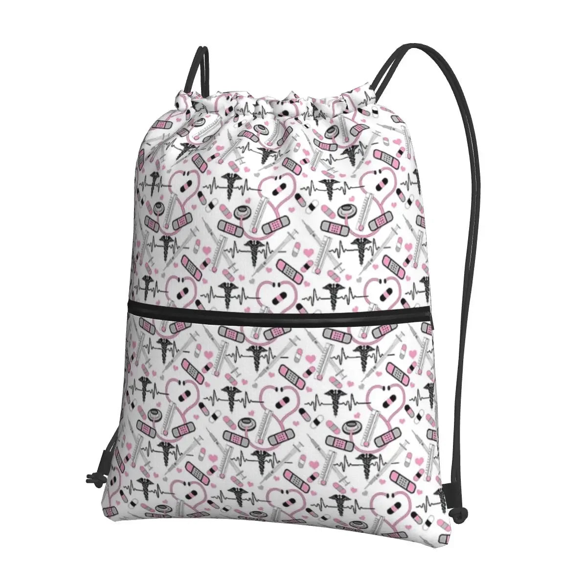 Cute Stethoscope Nurse Doctor EKG Pattern Portable Backpacks Drawstring Bag Casual Shoes Bags For Travel Sport Man Woman