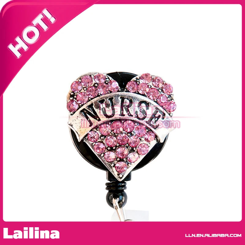 Fashion Decorative Rhinestone Retractable Pink Heart ID Badge Holder/Badge Reel