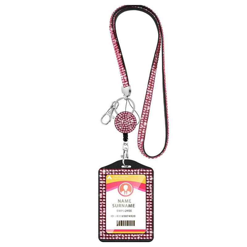 ID Name Badges Protector Case Work Card Case Crystal Retractable Lanyards Card Cover Badge Reel Badge Holder Rhinestone