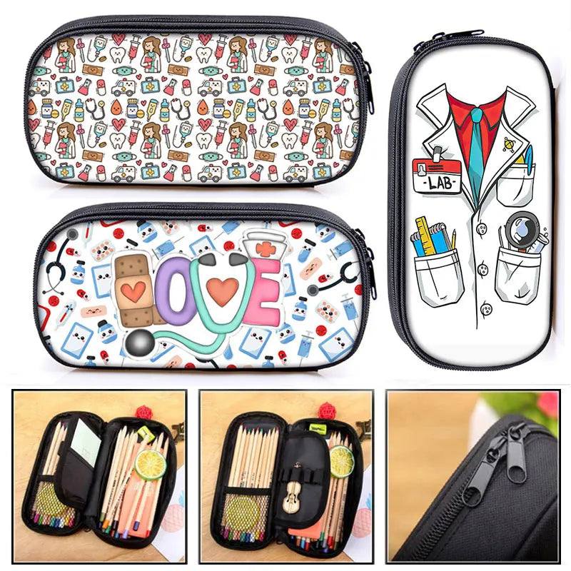 Cute Doctor Nurse Uniform Print Cosmetic Case Pencil Bag Medical Stethoscope Syringe Pencil Box ECG Hospital Stationary Bags