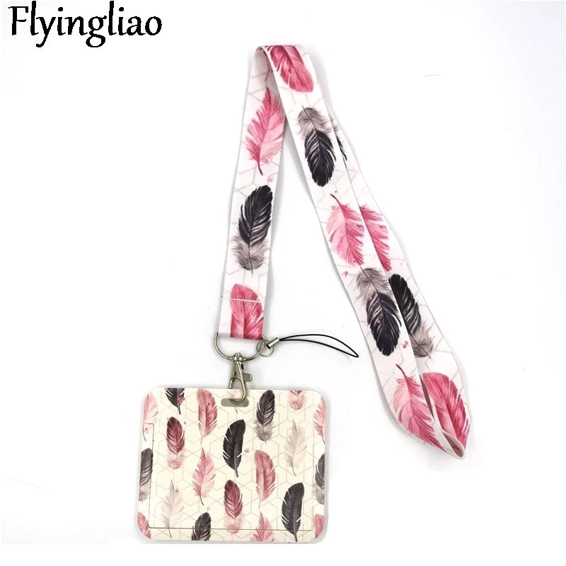 Black Pink Leaves Feathers Cute Card Cover Clip Lanyard Retractable Student Nurse Badge Reel Clip Cartoon ID Card Badge Holder