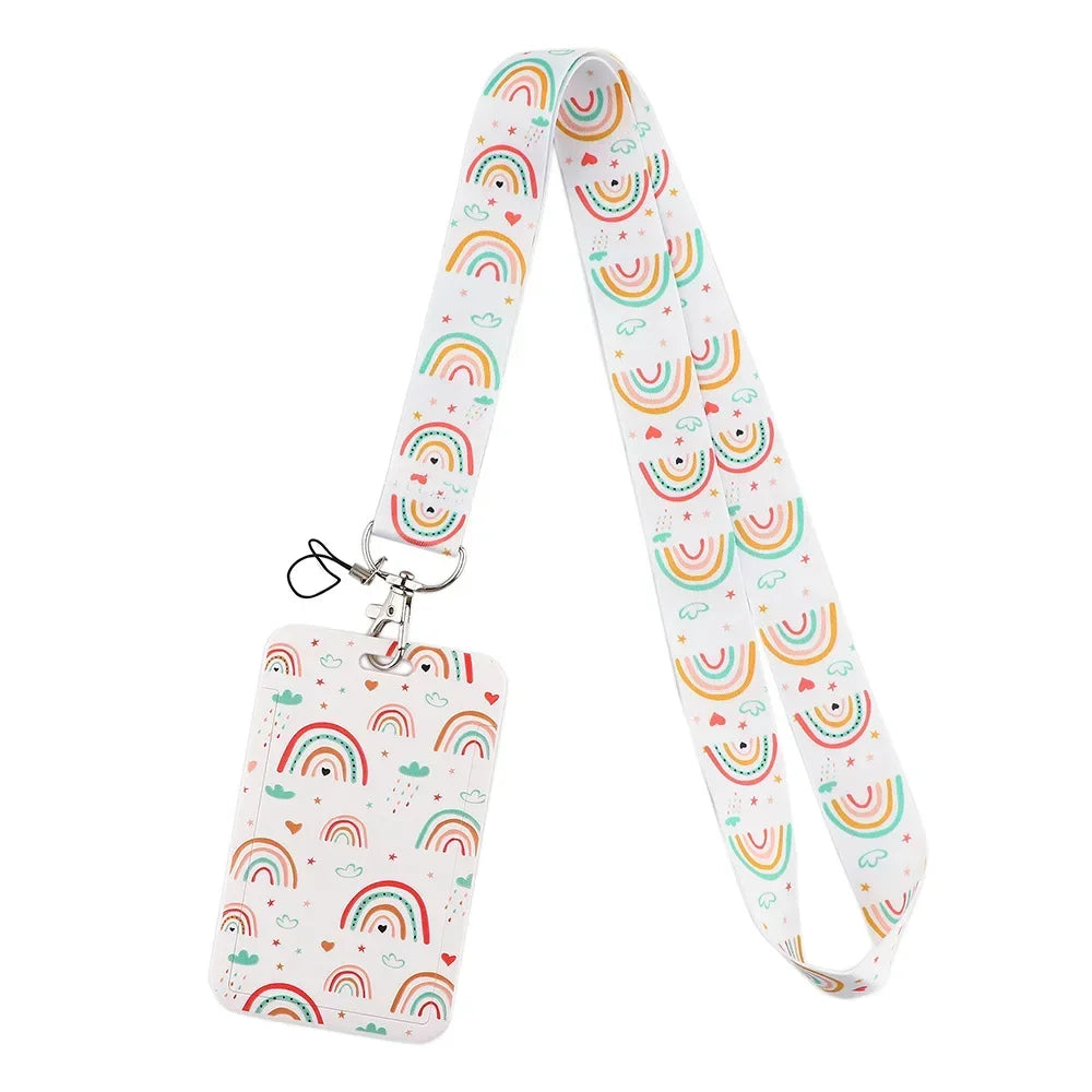 Lovely Student Card Holder Kawaii Cartoon Rainbow Unicorn ID Name Card Holder Keychain Lanyard for Kids Cute Nurse Accessories