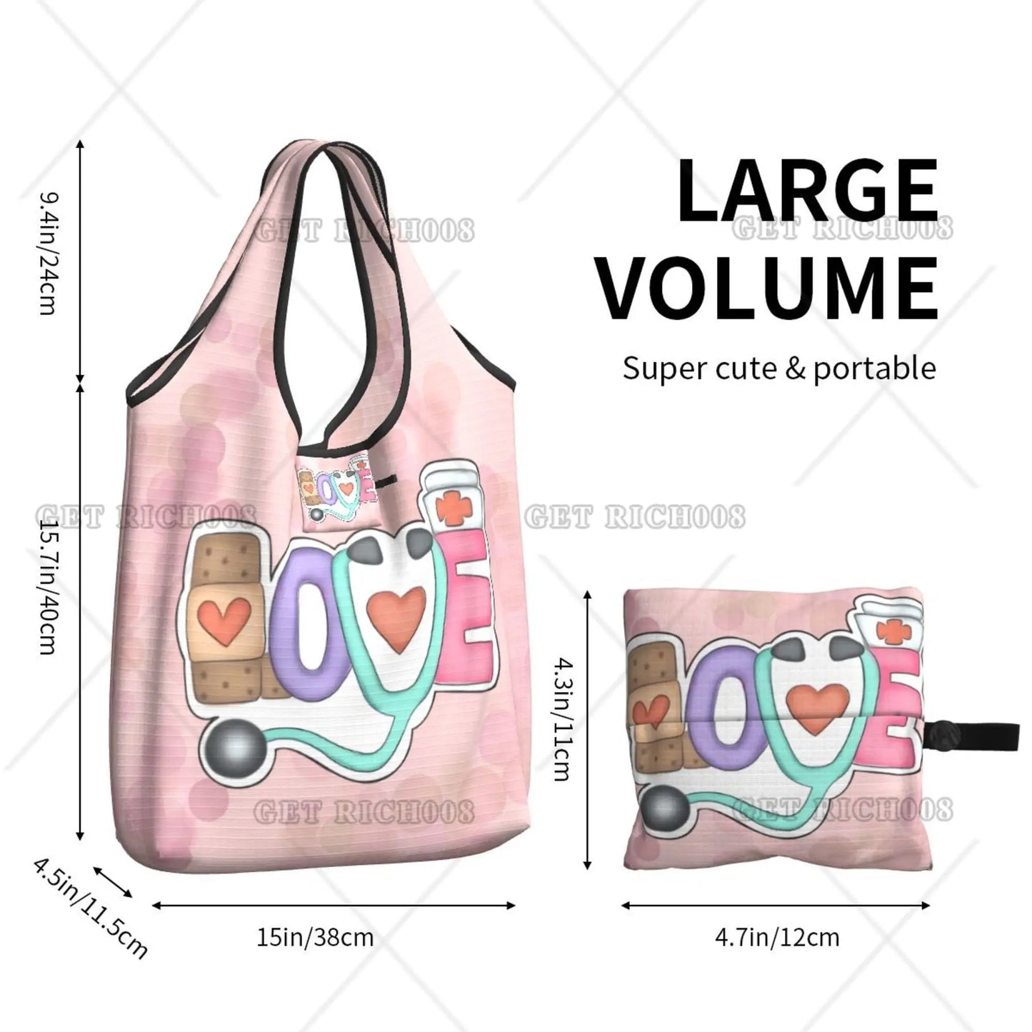 Nurse Love Pink Pattern Shopper Bag Portable Supermarket Bag Cute Tote Bag No Zipper  Fashion Reusable Shopping Bag Print