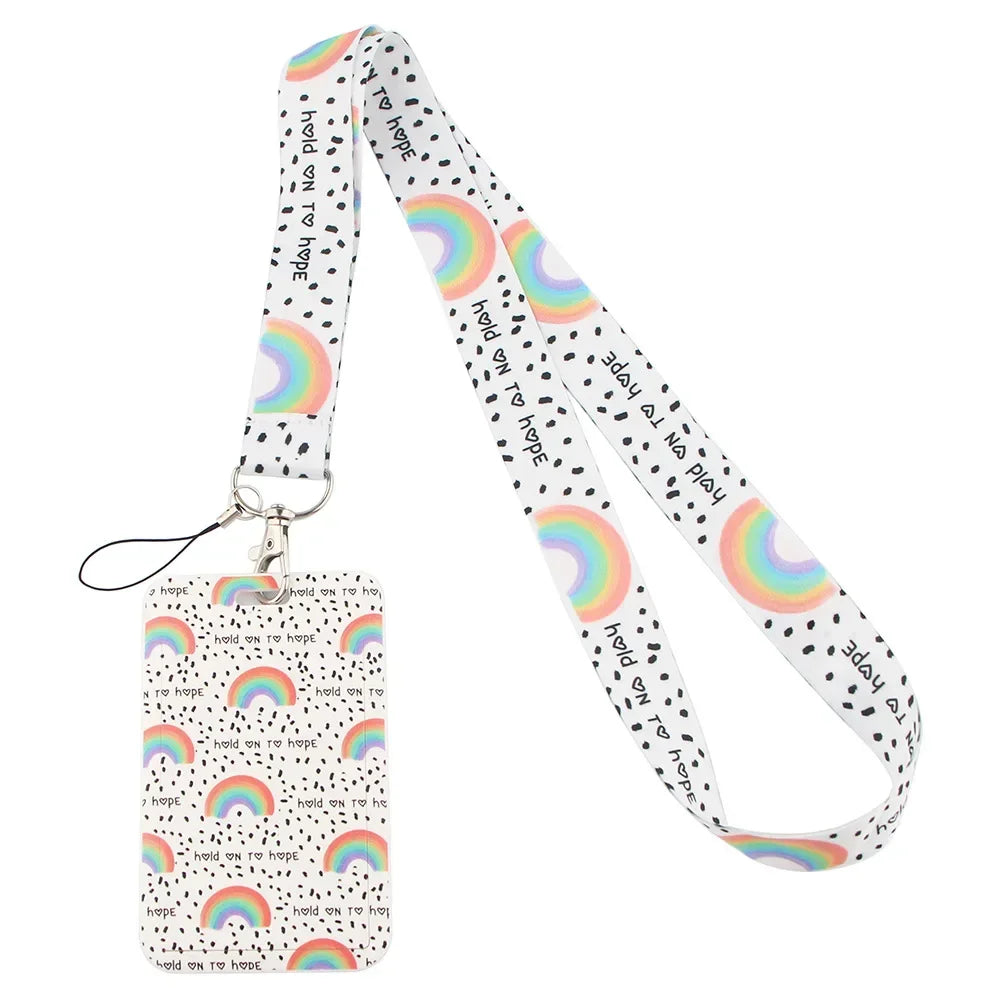 Lovely Student Card Holder Kawaii Cartoon Rainbow Unicorn ID Name Card Holder Keychain Lanyard for Kids Cute Nurse Accessories