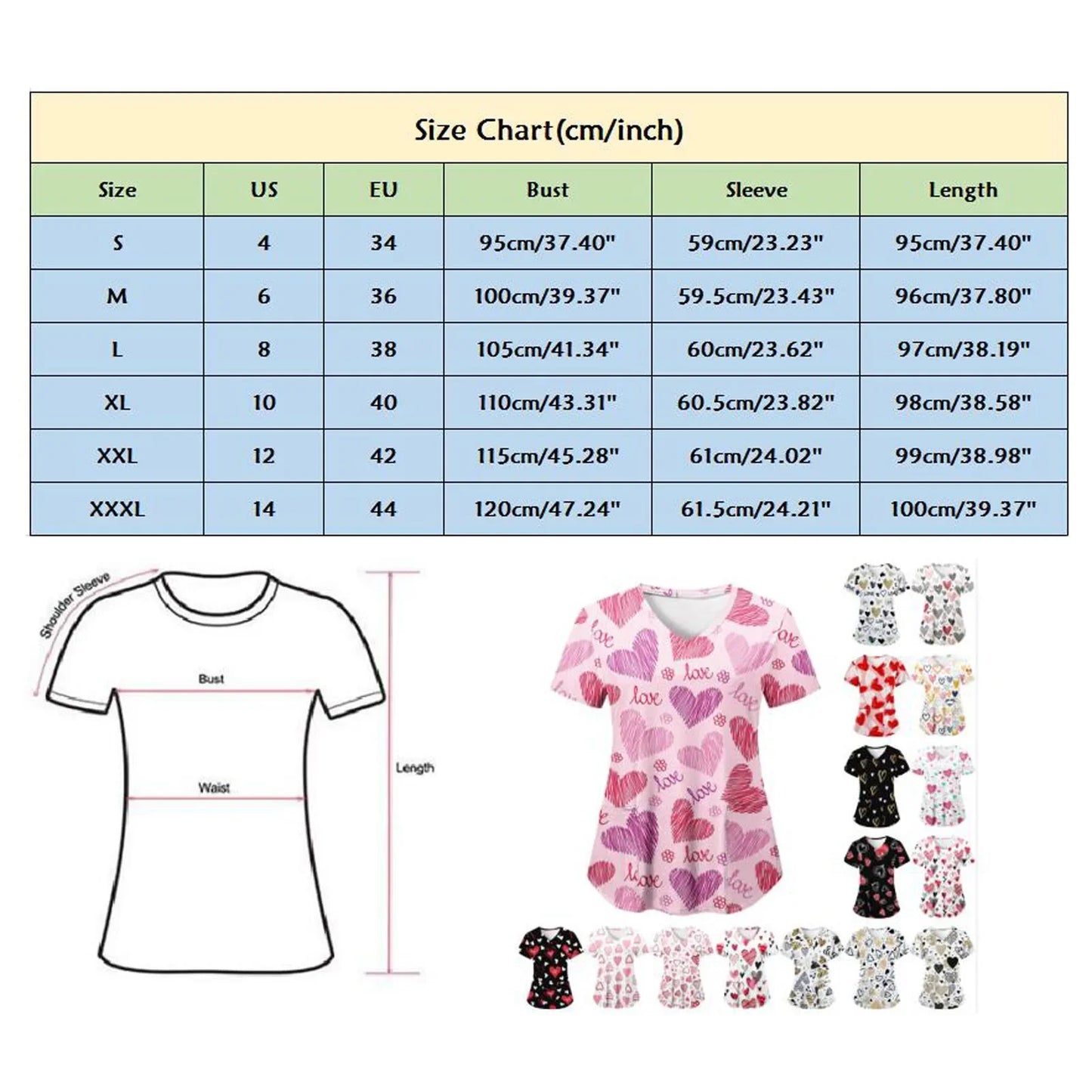 Womens Scrubs Nursing Top Cute Heart Printed Short Sleeve Neck Tops Care Working Uniform Blouse Shirt Nurse Pockets Uniforme