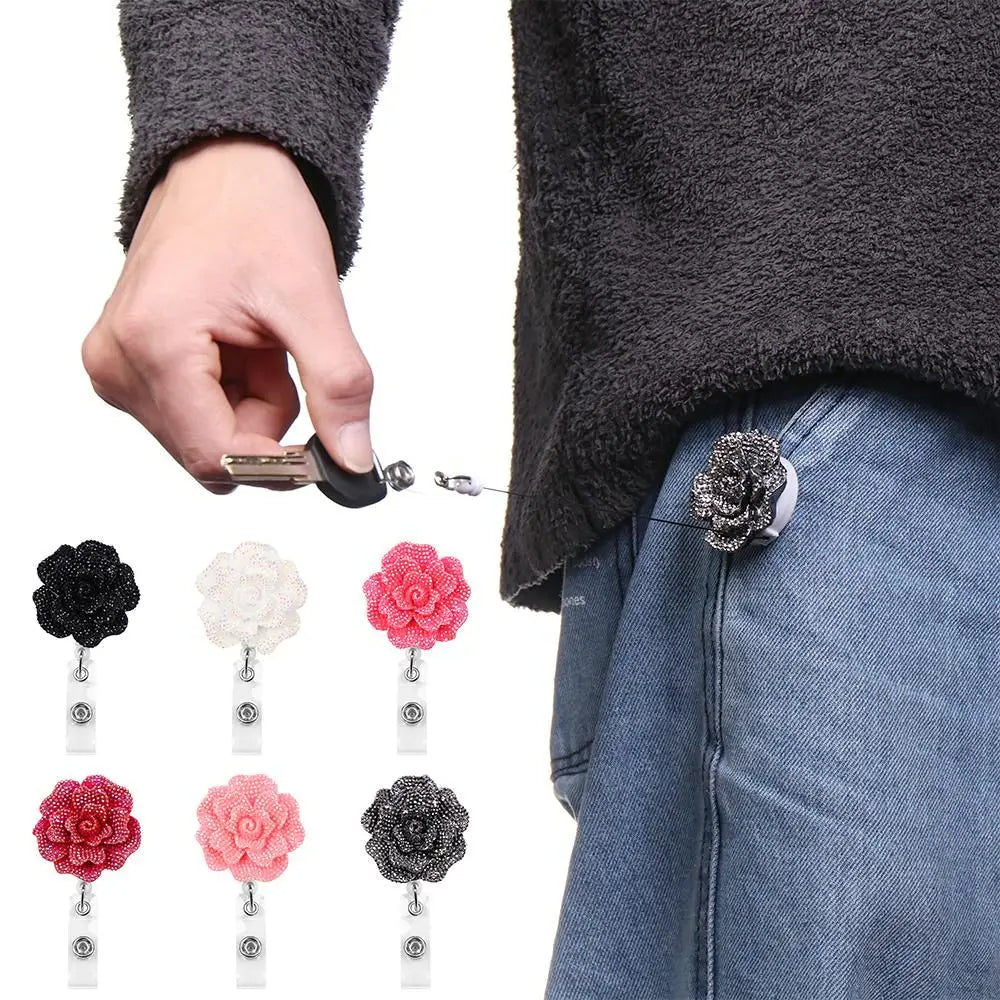 New Rose Shape Design Badge Reel Resin Retractable Nurse ID Card Badge Reel Holder Elegant Floral ID Holder Lanyard Keychains