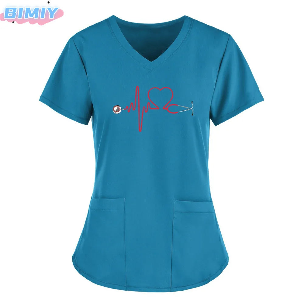 Letter Love Heart Nurse Uniform Print Tops V-Neck Pocket Medical Uniforms Nursing Scrubs Tops Working Clothes uniforme enfermera