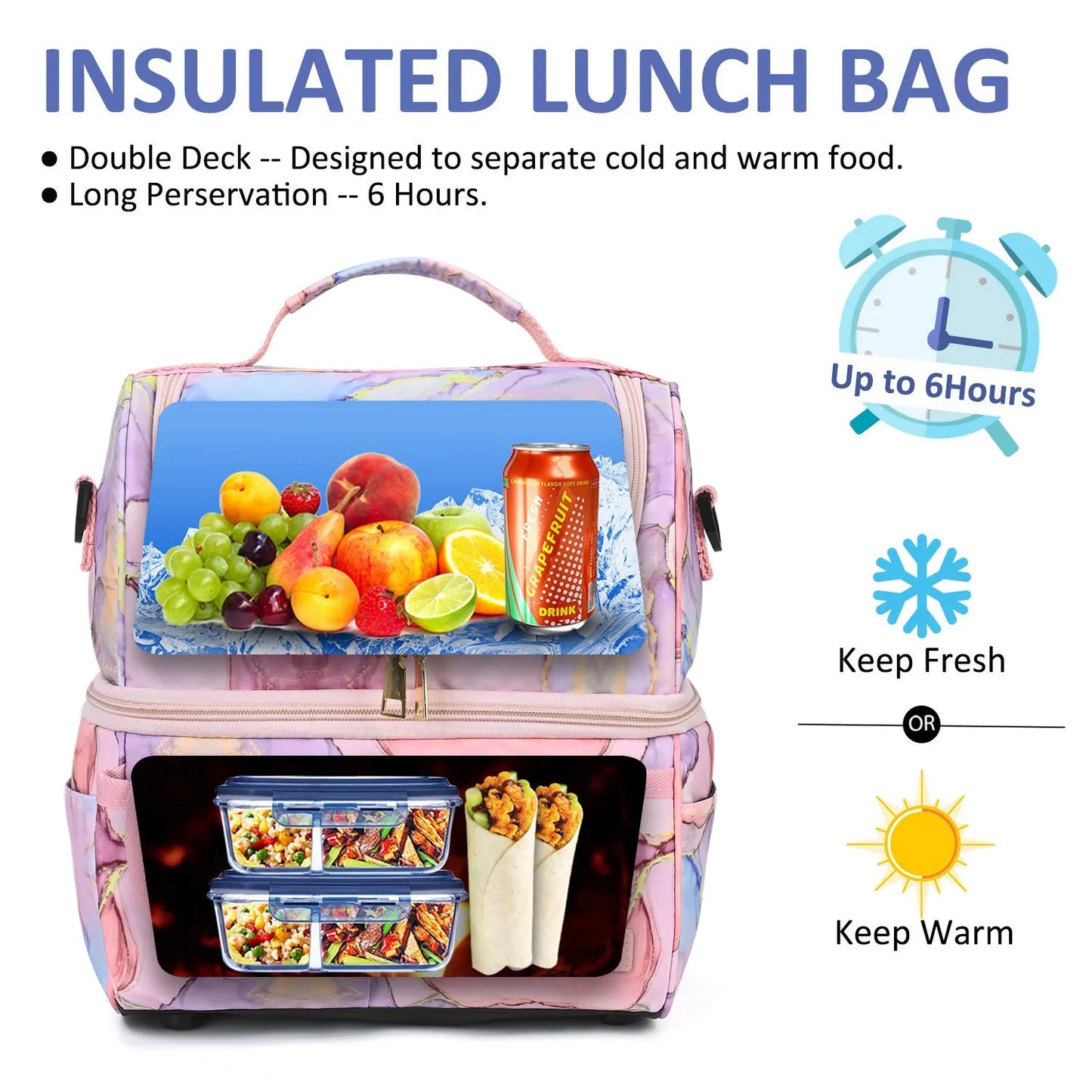 LOKASS Lunch Bags Large Cooler Tote Bag with Removable Shoulder Strap Wide Open Thermal Meal Prep Lunch Organizer Box