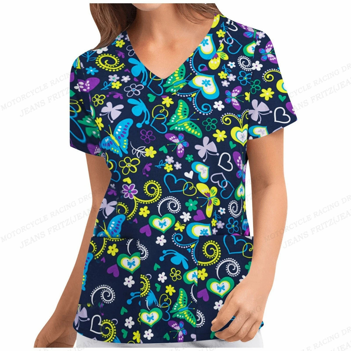 Flower 3d Print Nurse Uniform Floral V-Neck Pocket Nursing Scrubs Tops Women Workwear Clothes Overalls Medical Uniforms Ladies