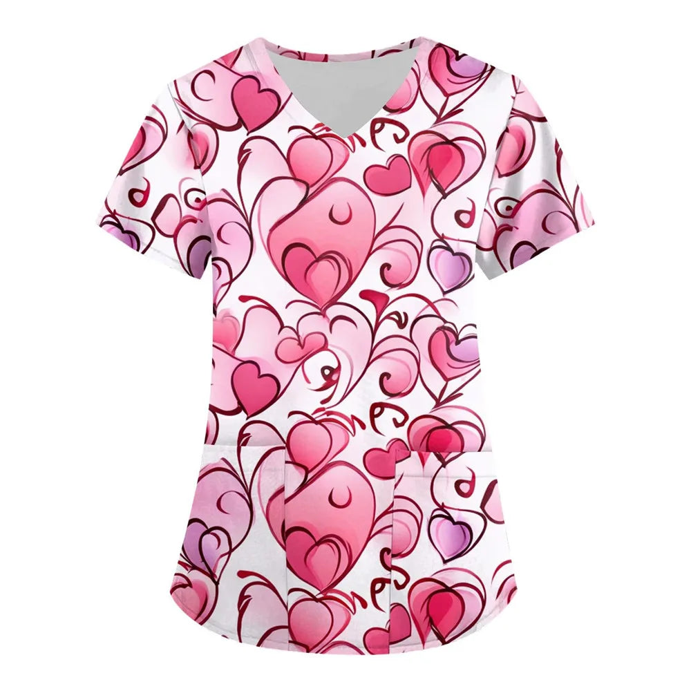 Nurse Uniform Love Heart Print Pocket V-Neck Nursing Scrubs Tops Workwear T-shirt Women Fashion Overalls Medical Uniforms