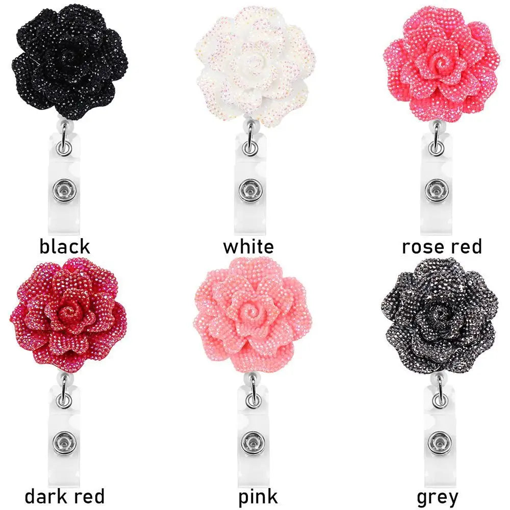 New Rose Shape Design Badge Reel Resin Retractable Nurse ID Card Badge Reel Holder Elegant Floral ID Holder Lanyard Keychains