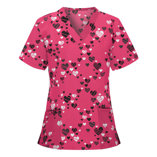 Heart Print Pink Nurse Scrubs Womens Medical Uniform Valentine'S Day Short Sleeve Hospital Blouse Cute Surgical Overalls