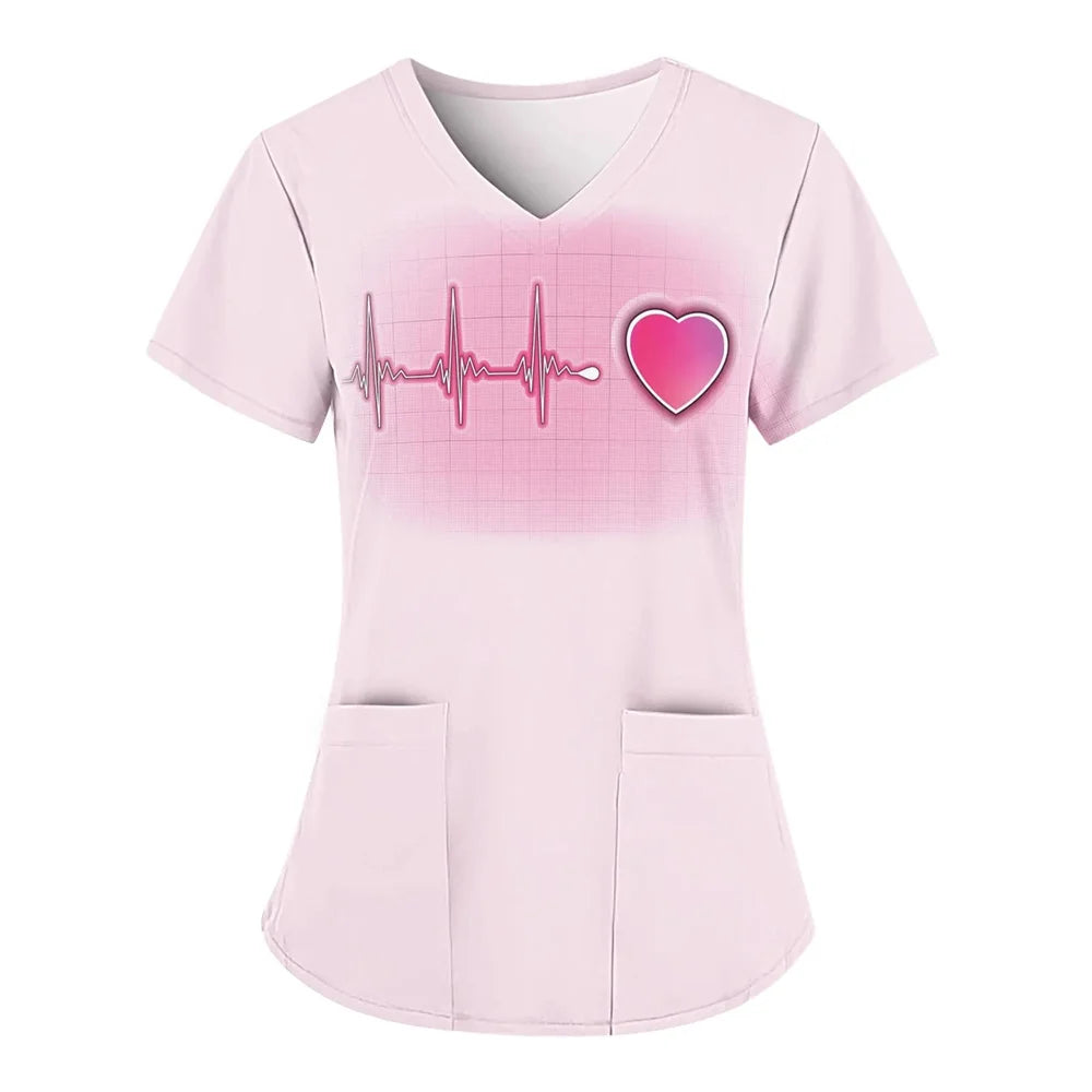 Nurse Uniform Women Valentines Day Love Print Gradient Short Sleeve Pocket Work Shirt Tunics Uniform Medical Nursing Scrubs Tops