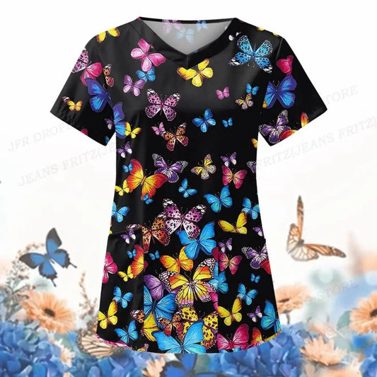 Women Nurse Uniform Butterfly 3d Print V-Neck Pocket Medical Uniforms Cartoon Nursing Scrubs Tops Uniforme enfermera