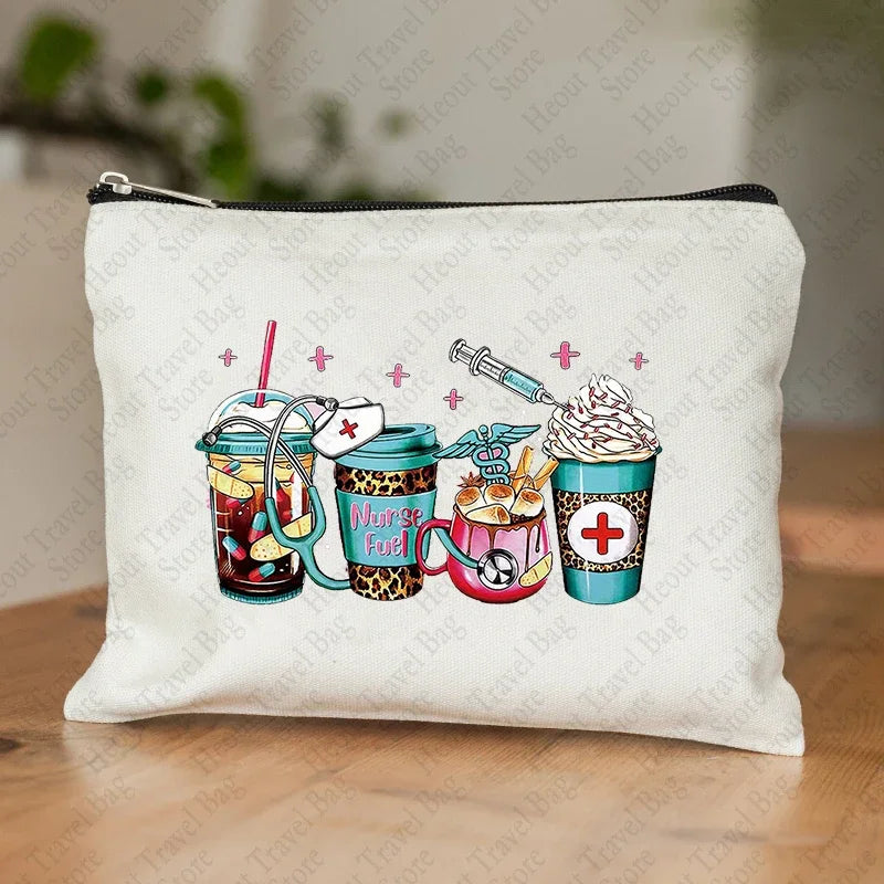 Nurse Zipper Canvas Bag Cute Coffee Pattern Makeup Bag Organizer Portable Cosmetic Case Lightweight Storage Gift Pouch Organizer