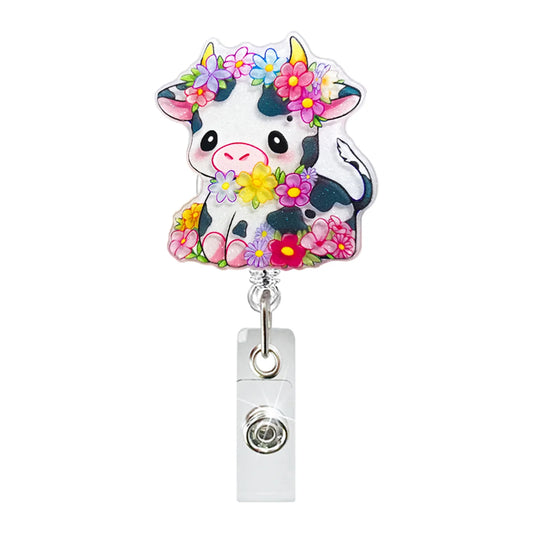 Cartoon Cow Flower Badge Holder Cute Rotating Telescopic Badge Reel Holder Student Name Clip Doctor Nurse ID Clip Buckle