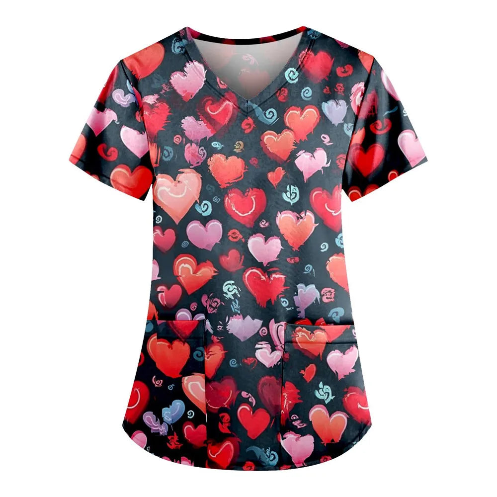 Nurse Uniform Love Heart Print Pocket V-Neck Nursing Scrubs Tops Workwear T-shirt Women Fashion Overalls Medical Uniforms