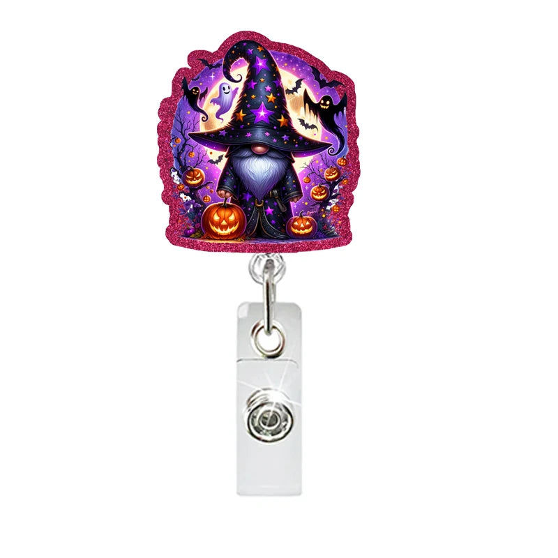 New Glitter Acrylic Halloween Gnomes Badge Reels Retractable ID Badge Holder With 360 Rotating Alligator Clip Name Holder