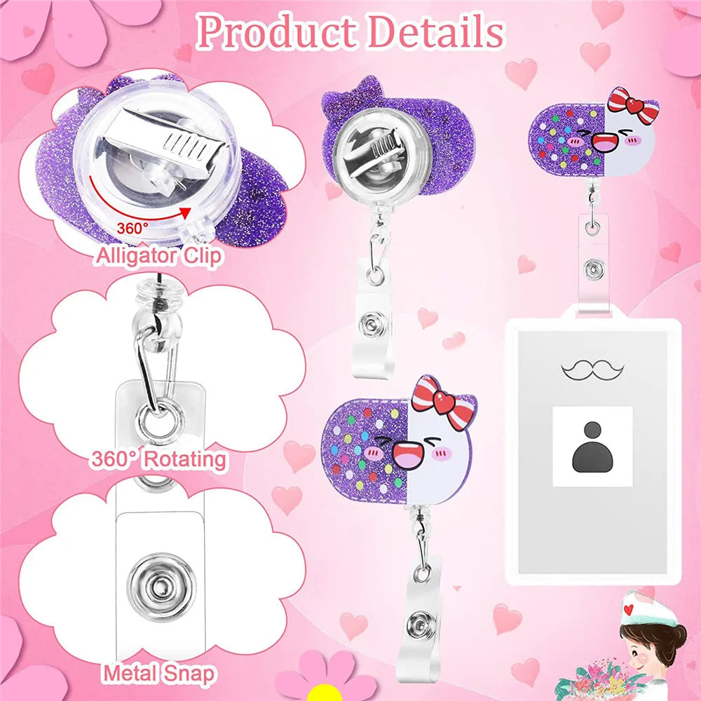 Fashion Cute Cartoon Heart Retractable Nurse Badge Reel Clip Badge Holder Students Doctor ID Card Holder Badge Clip Keychain