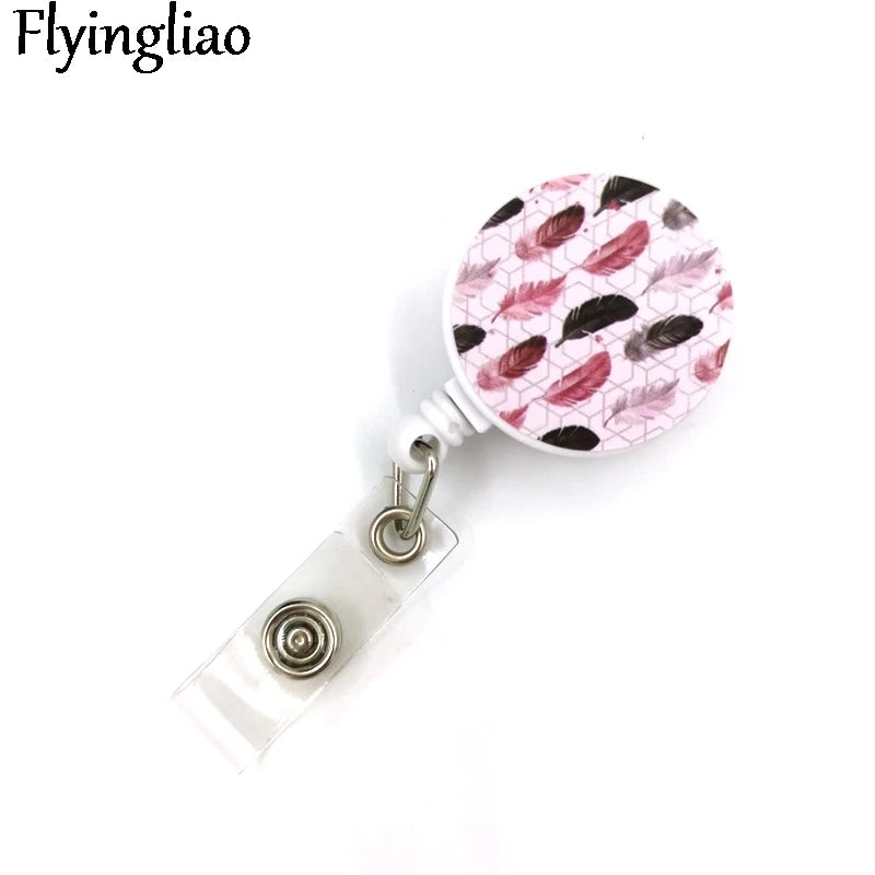 Black Pink Leaves Feathers Cute Card Cover Clip Lanyard Retractable Student Nurse Badge Reel Clip Cartoon ID Card Badge Holder