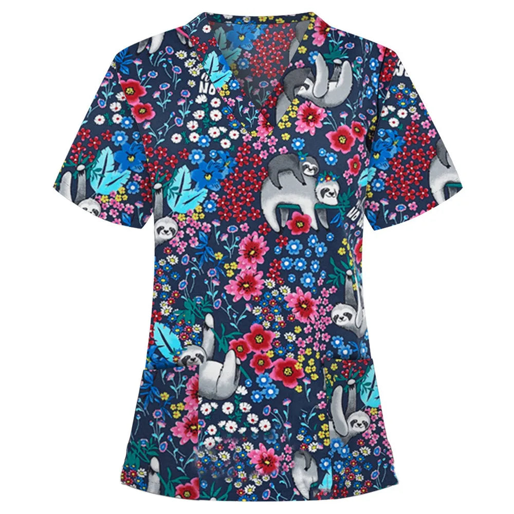 Flirty Floral V Neck T-shirt - Short Sleeve Medical Top with Stylish Pocket - Perfect for Spring & Summer - Womens Casual Comfor