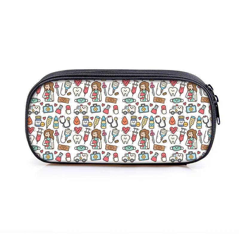 Cute Doctor Nurse Uniform Print Cosmetic Case Pencil Bag Medical Stethoscope Syringe Pencil Box ECG Hospital Stationary Bags